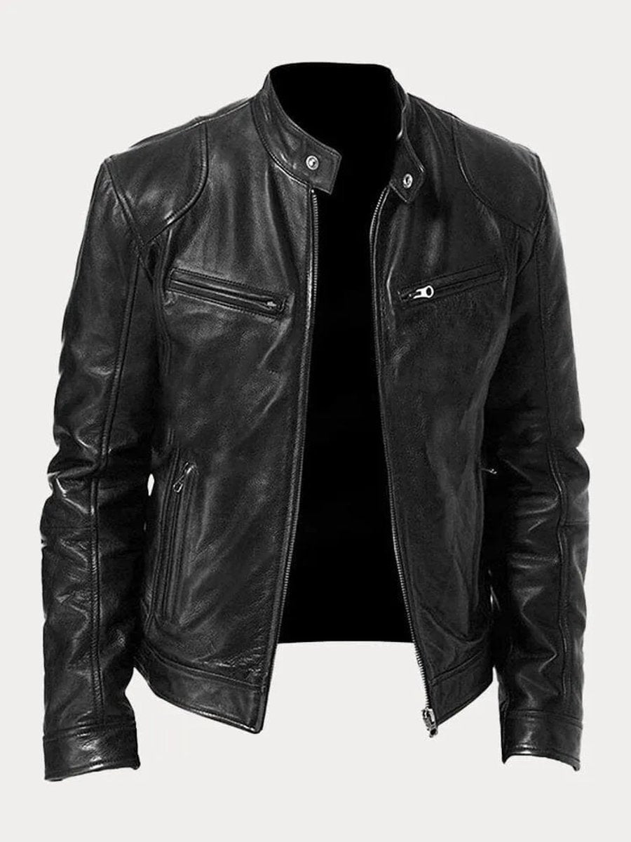 Kacob | Men's Slim Fit Faux Leather Biker Jacket – Stand Collar Zip Up Jacket