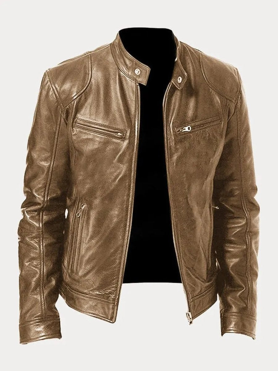 Kacob | Men's Slim Fit Faux Leather Biker Jacket – Stand Collar Zip Up Jacket