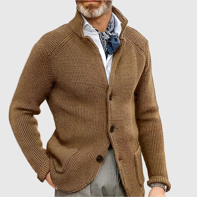 Kacob | Men's Stand Collar Cardigan – Button Up Textured Knit Jacket
