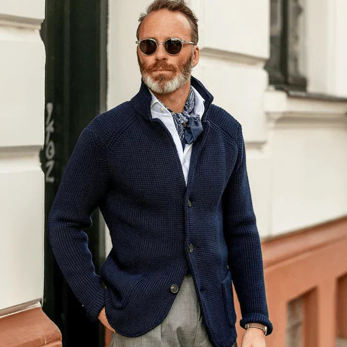 Kacob | Men's Stand Collar Cardigan – Button Up Textured Knit Jacket