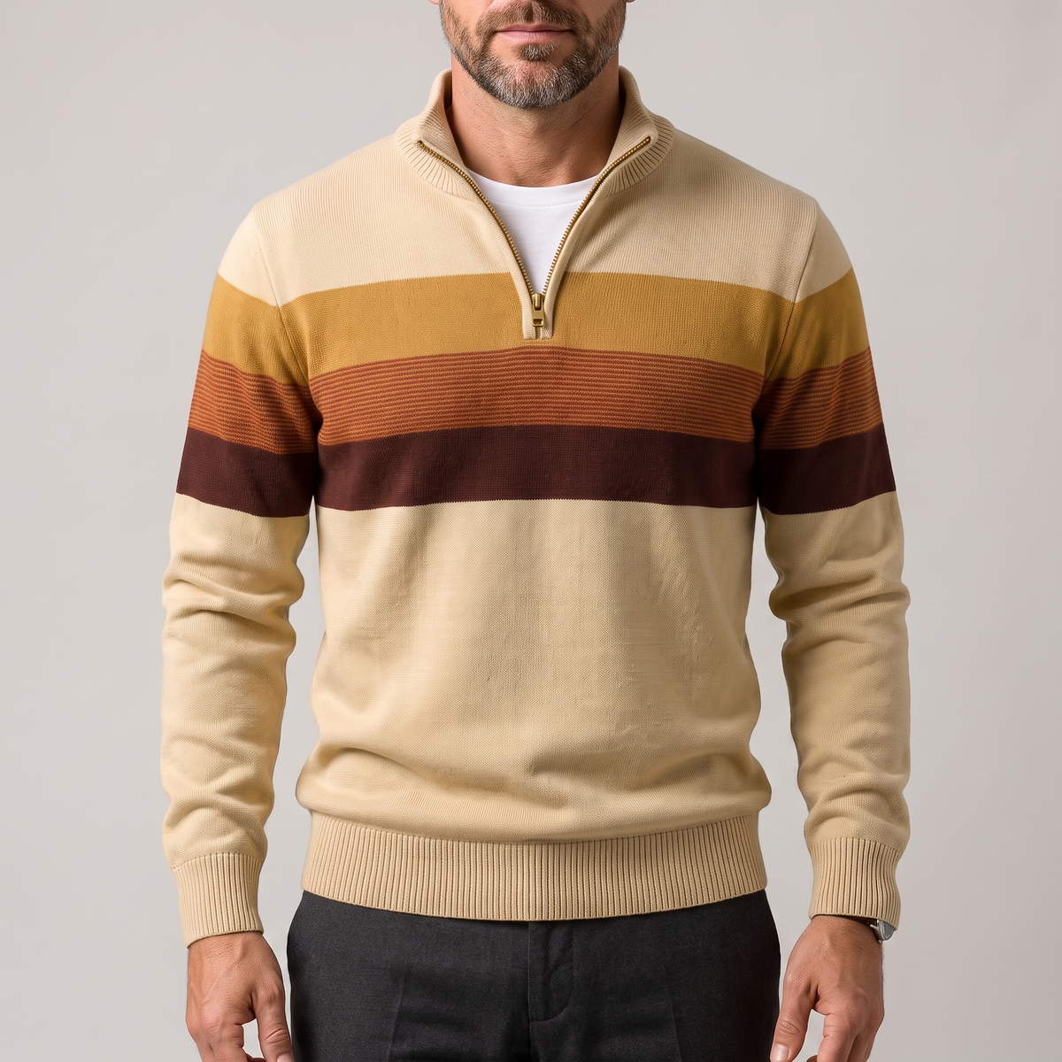 Kacob | Men's Striped Quarter Zip Jumper – Knitted Funnel Neck Pullover