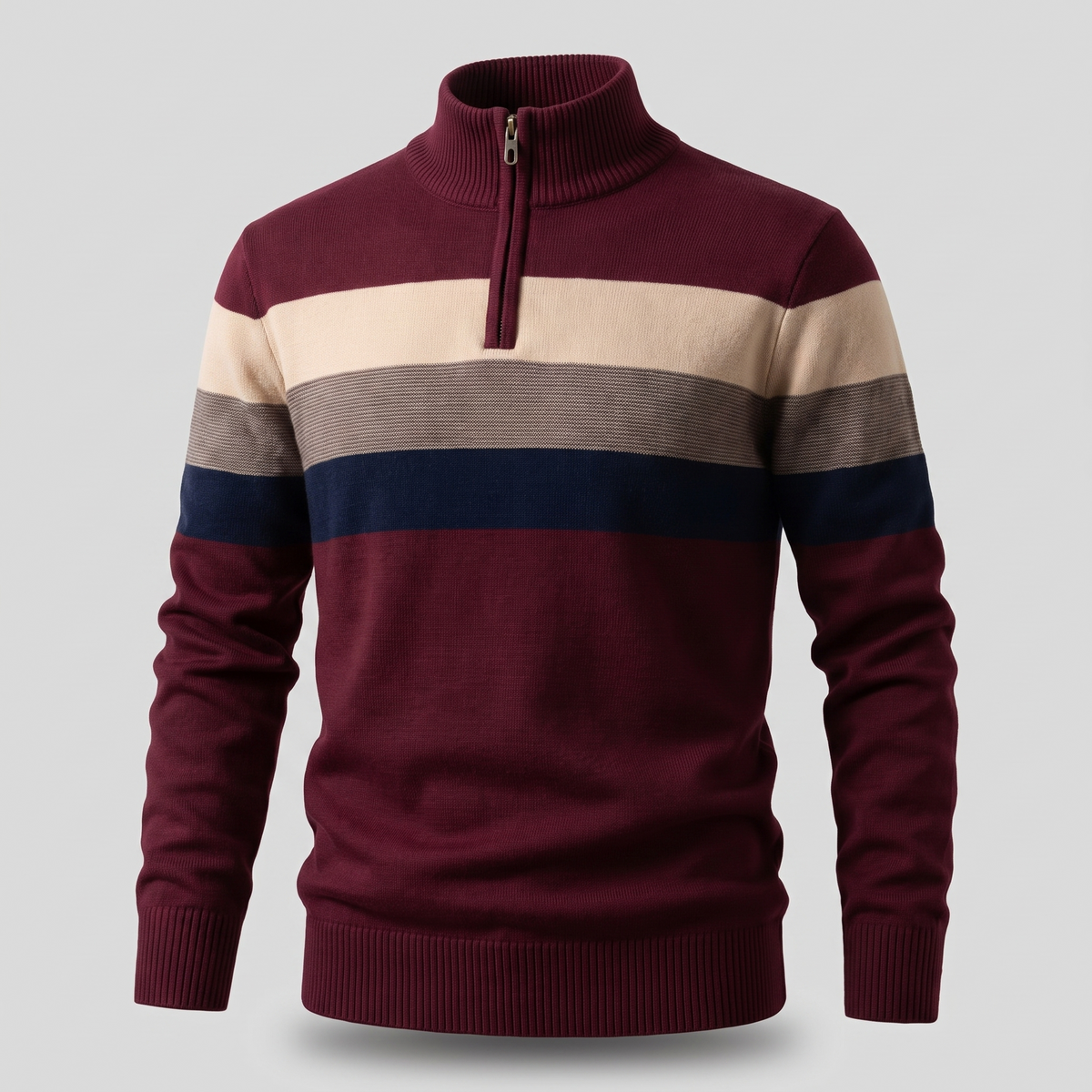 Kacob | Men's Striped Quarter Zip Jumper – Knitted Funnel Neck Pullover