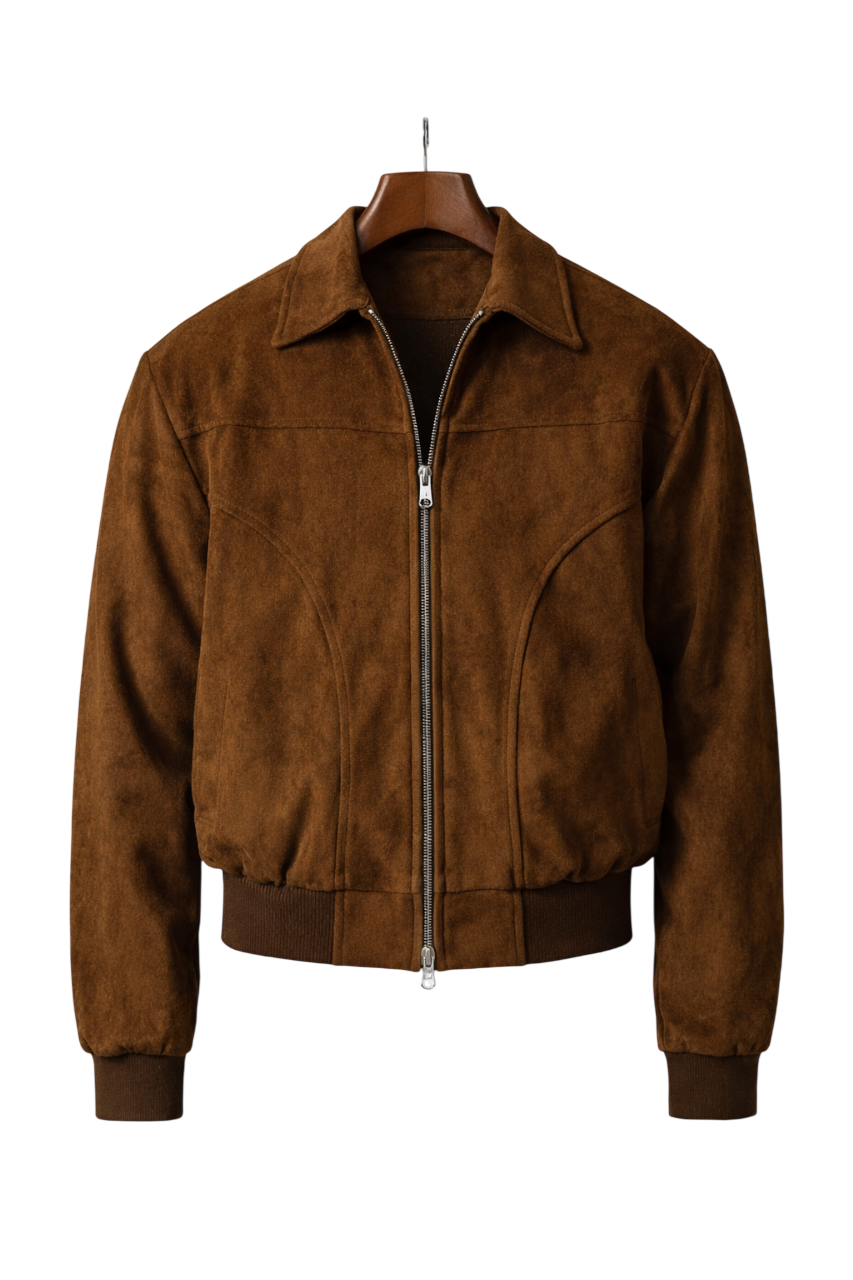 Men's Suede Flight Bomber Jacket – Ribbed Trim Zip-Up Bomber