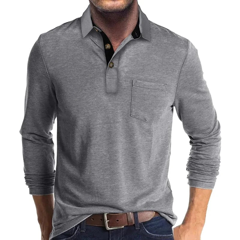 Kacob | Men's Textured Polo Shirt – Long Sleeve Chest Pocket Polo