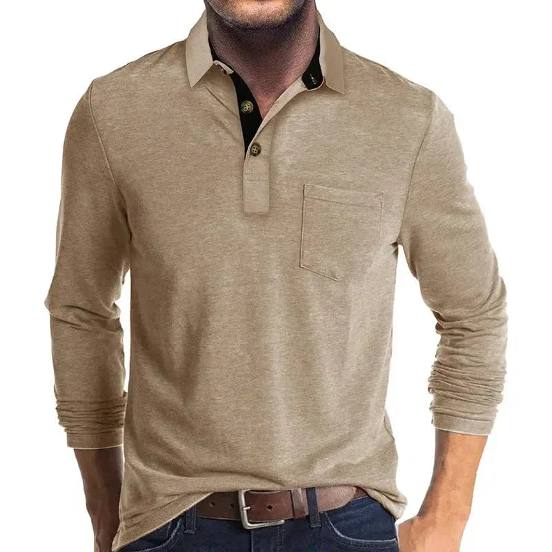 Kacob | Men's Textured Polo Shirt – Long Sleeve Chest Pocket Polo