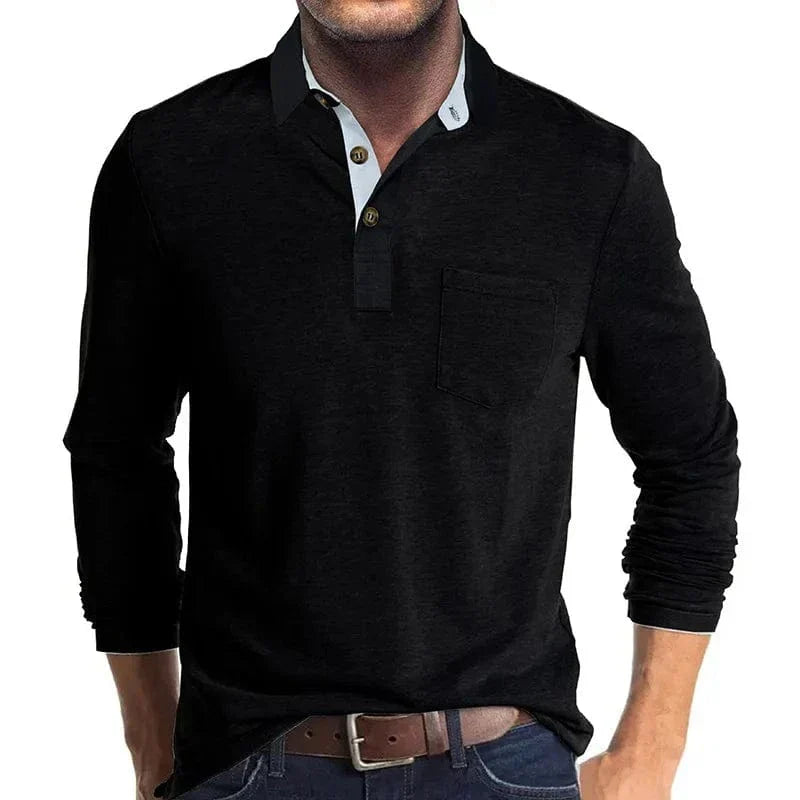 Kacob | Men's Textured Polo Shirt – Long Sleeve Chest Pocket Polo