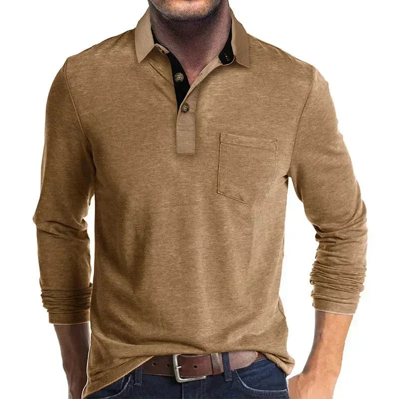 Kacob | Men's Textured Polo Shirt – Long Sleeve Chest Pocket Polo