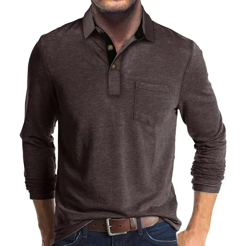 Kacob | Men's Textured Polo Shirt – Long Sleeve Chest Pocket Polo