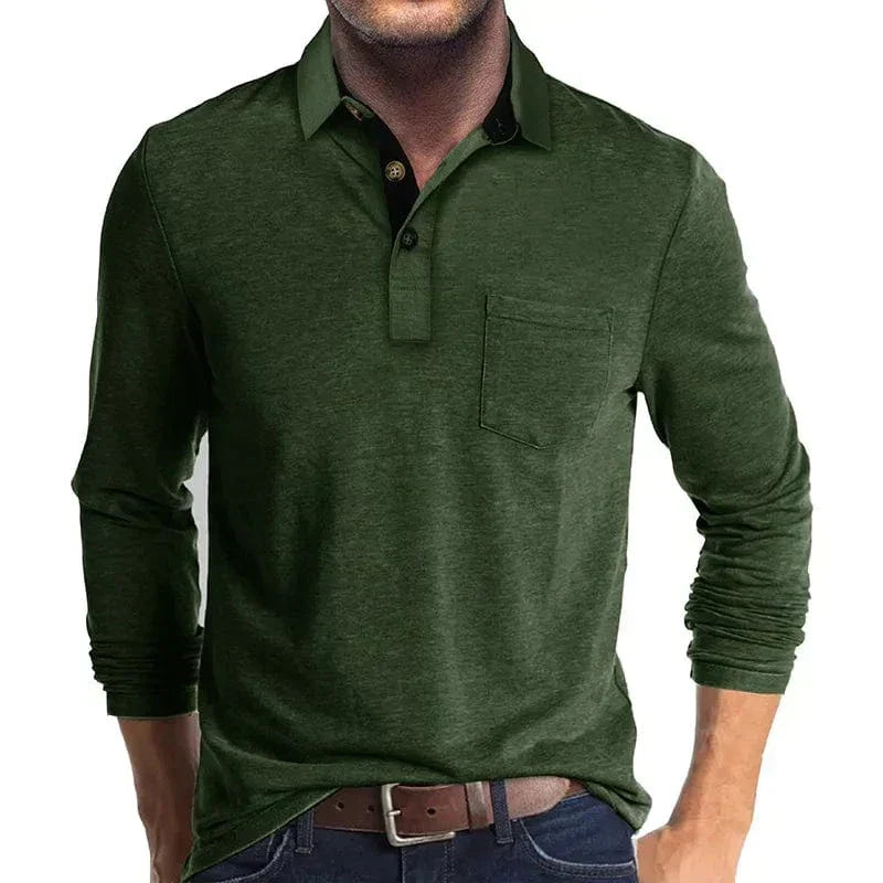 Kacob | Men's Textured Polo Shirt – Long Sleeve Chest Pocket Polo