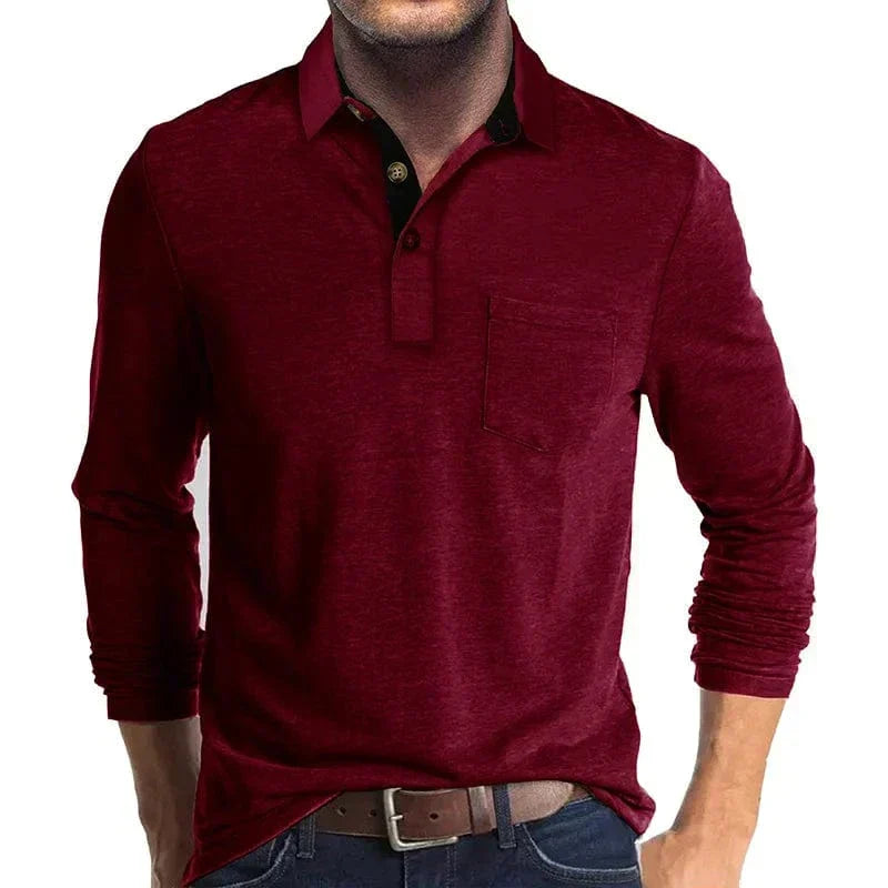 Kacob | Men's Textured Polo Shirt – Long Sleeve Chest Pocket Polo