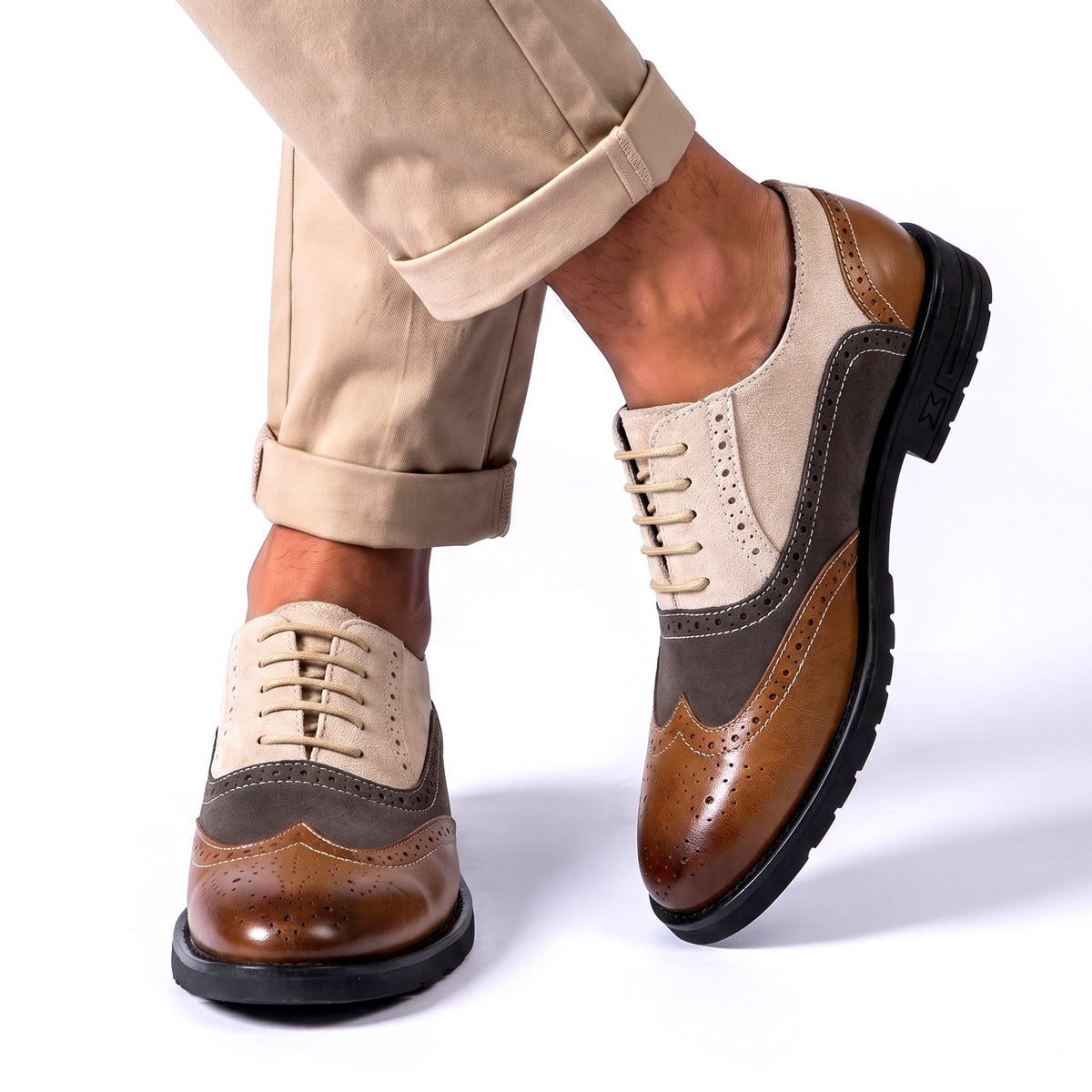 Kacob | Men's Two Tone Brogues – Wingtip Derby Shoes with Chunky Sole