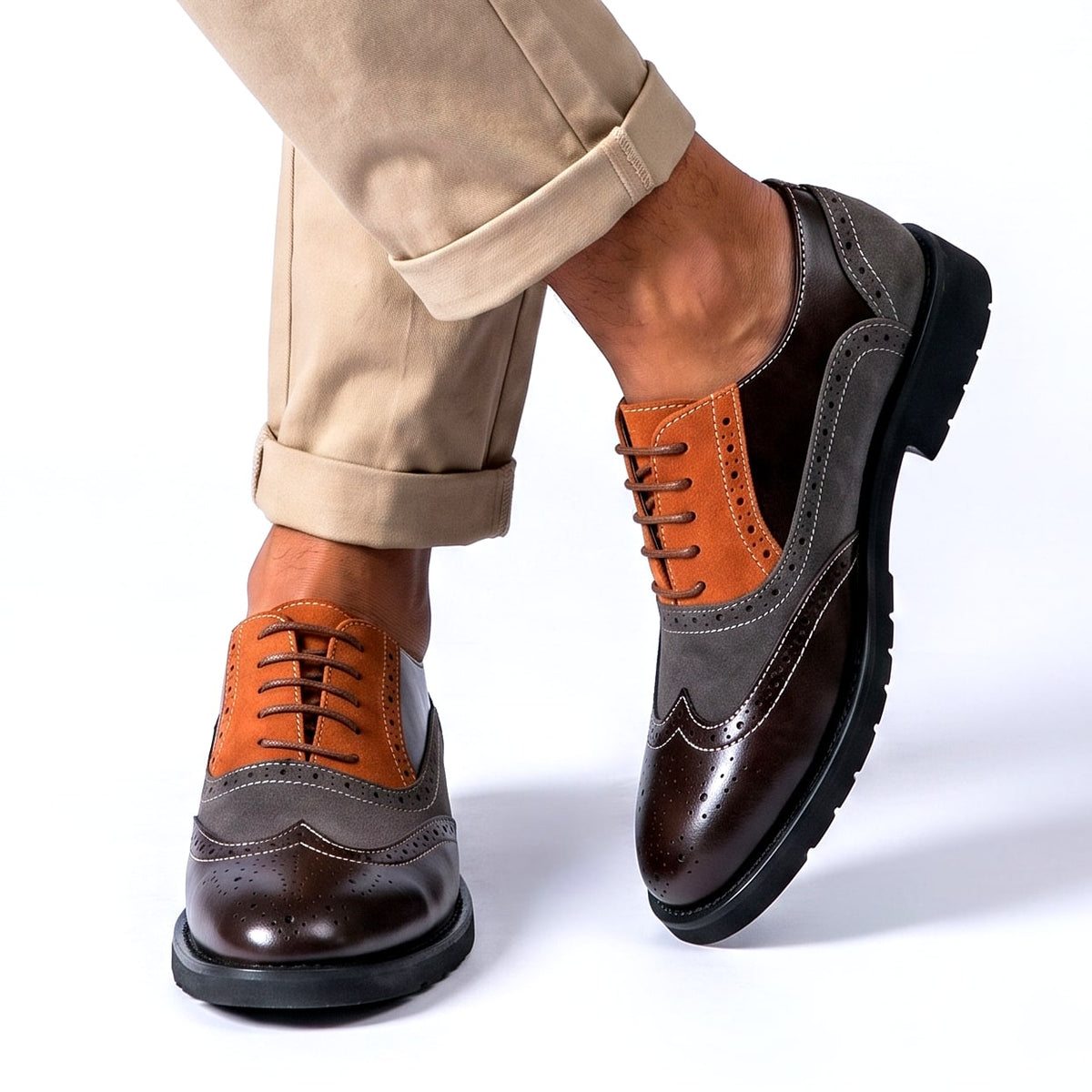 Kacob | Men's Two Tone Brogues – Wingtip Derby Shoes with Chunky Sole