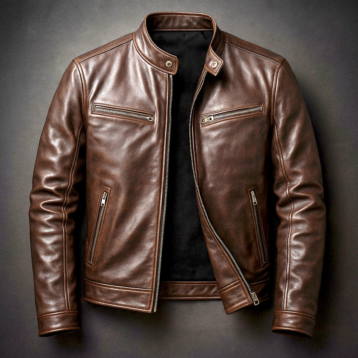 Kacob | Men's Vintage Biker Jacket – Band Collar Moto Jacket with Zip Pockets