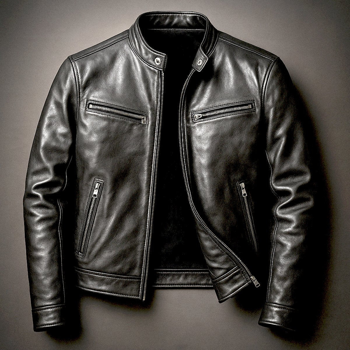 Kacob | Men's Vintage Biker Jacket – Band Collar Moto Jacket with Zip Pockets