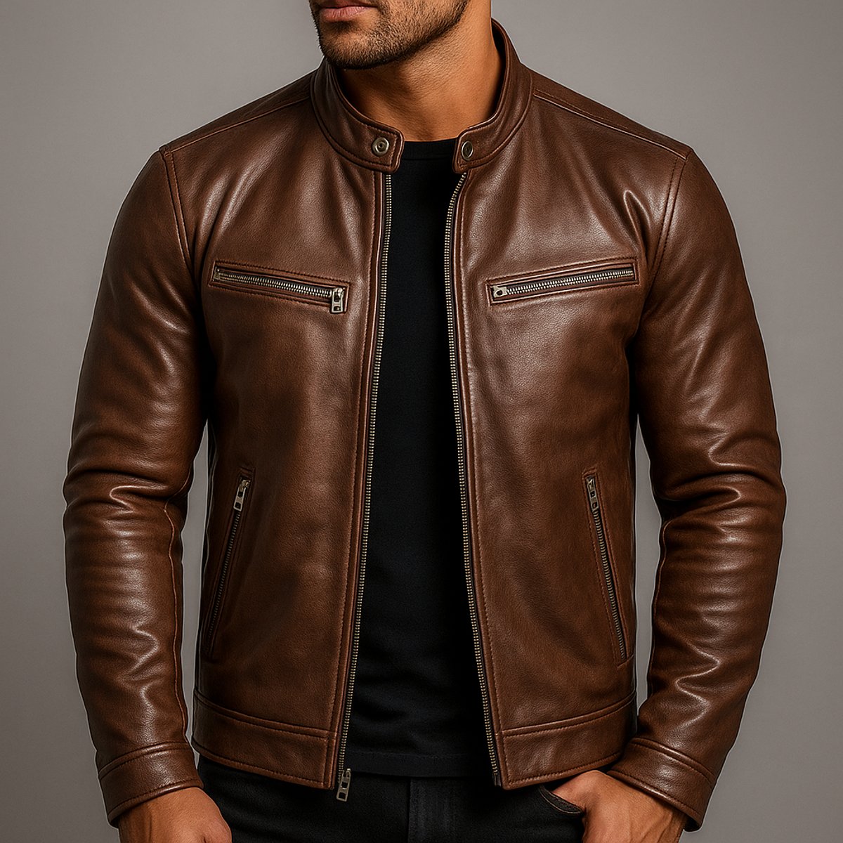 Kacob | Men's Vintage Biker Jacket – Band Collar Moto Jacket with Zip Pockets