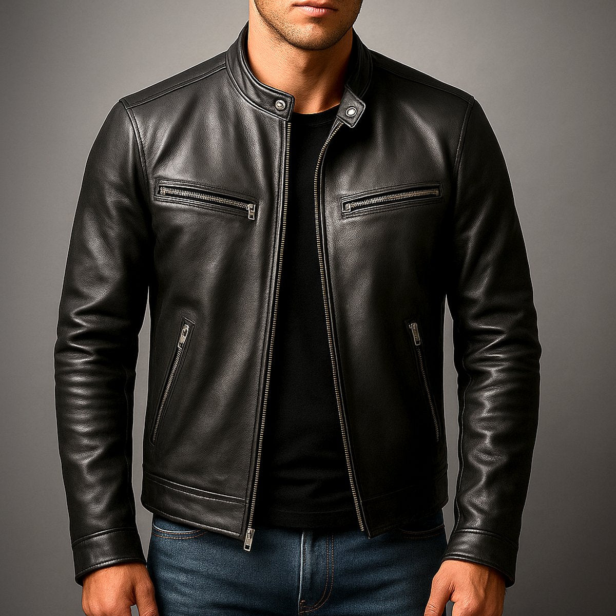 Kacob | Men's Vintage Biker Jacket – Band Collar Moto Jacket with Zip Pockets