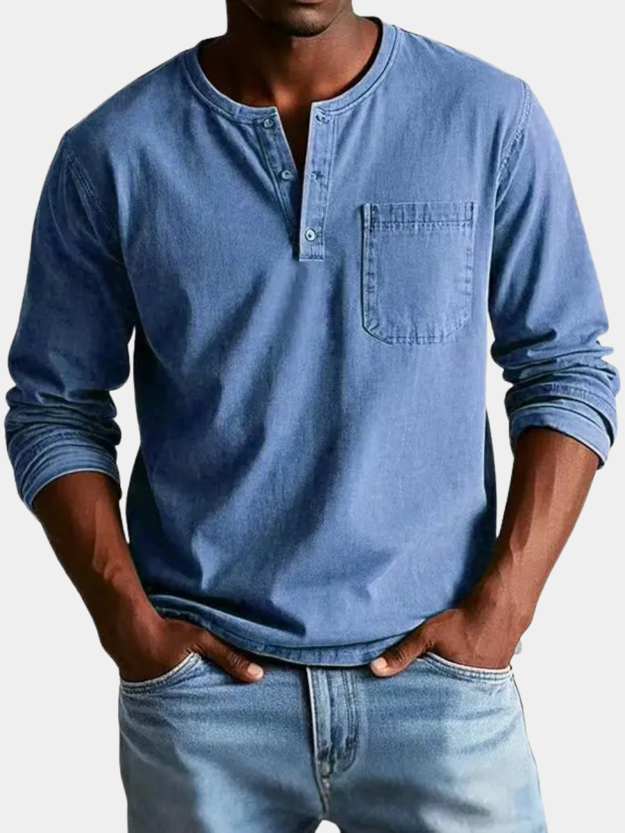 Kacob | Men's Vintage Washed Henley Shirt – Long Sleeve Button Placket Shirt