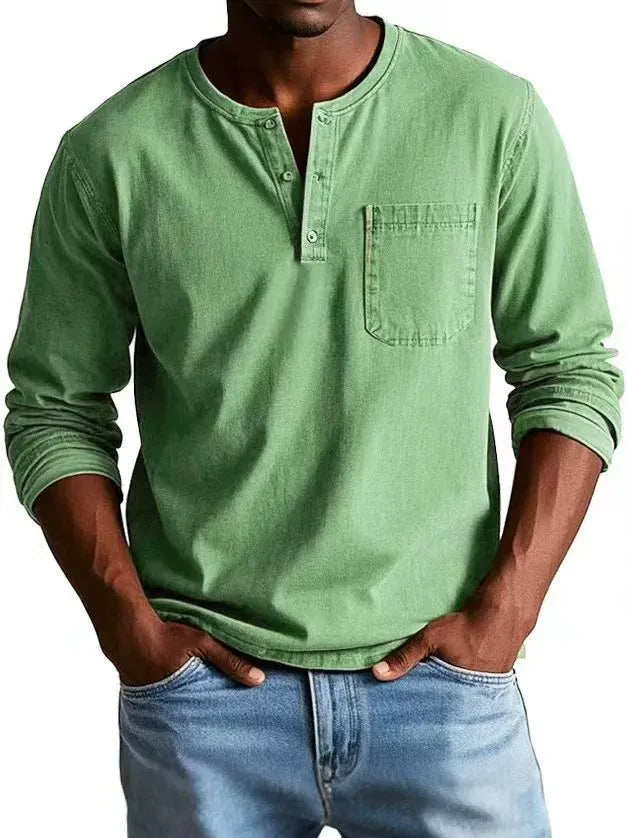 Kacob | Men's Vintage Washed Henley Shirt – Long Sleeve Button Placket Shirt