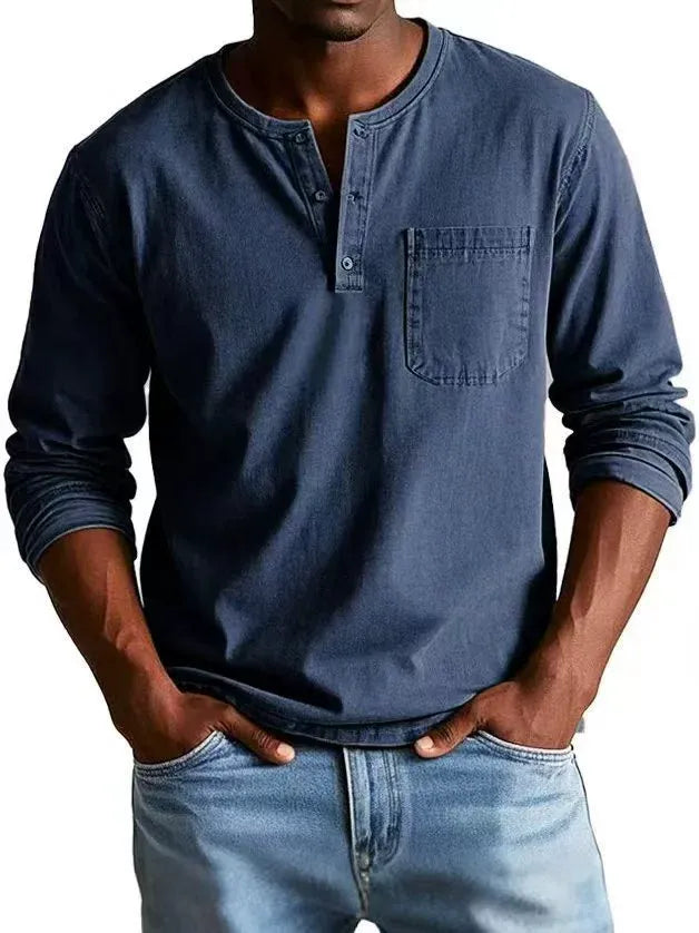 Kacob | Men's Vintage Washed Henley Shirt – Long Sleeve Button Placket Shirt