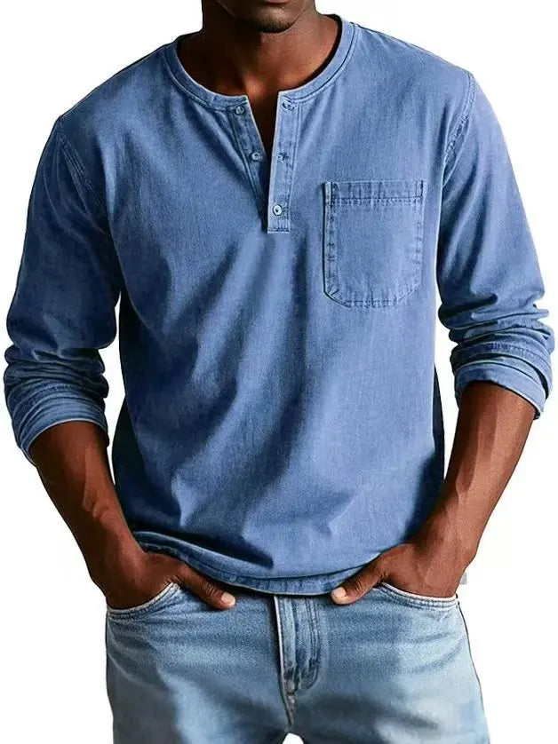 Kacob | Men's Vintage Washed Henley Shirt – Long Sleeve Button Placket Shirt