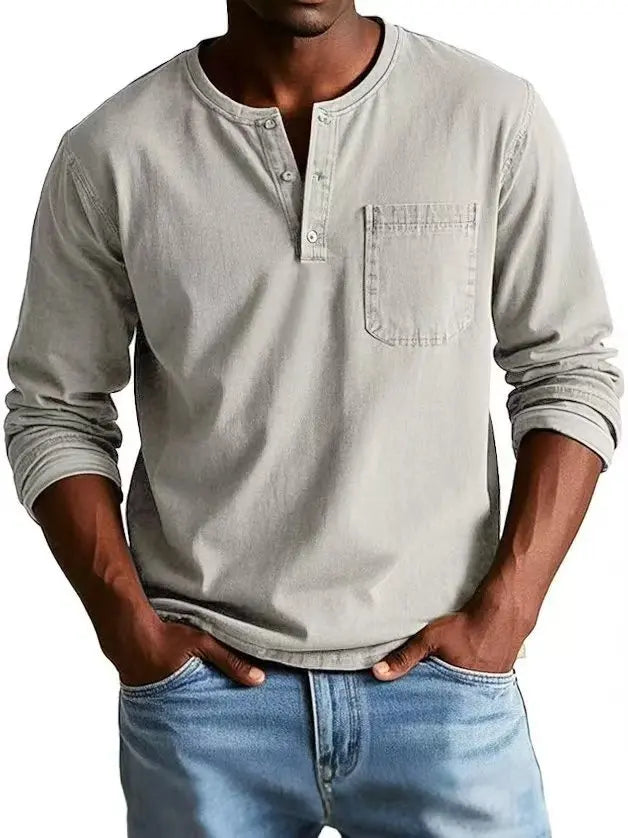 Kacob | Men's Vintage Washed Henley Shirt – Long Sleeve Button Placket Shirt