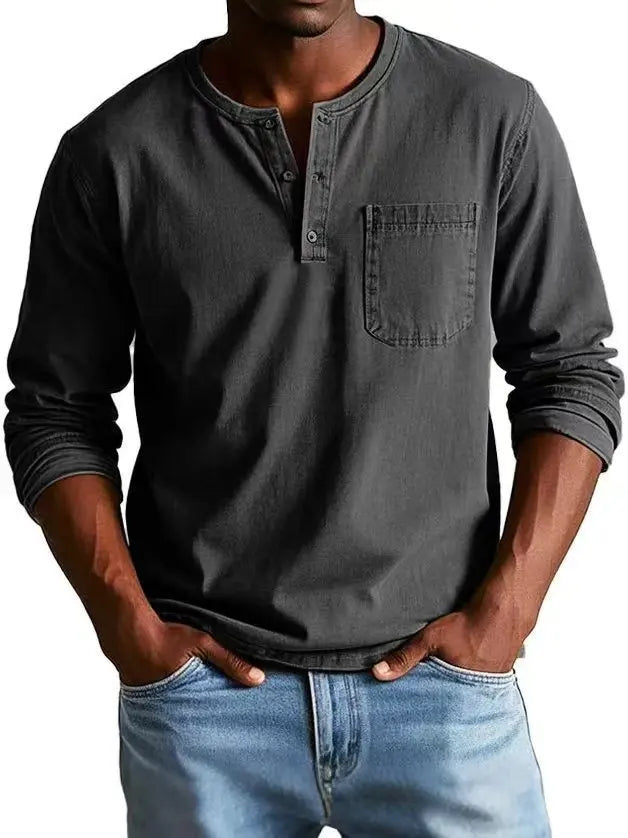 Kacob | Men's Vintage Washed Henley Shirt – Long Sleeve Button Placket Shirt