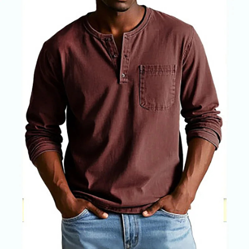 Kacob | Men's Vintage Washed Henley Shirt – Long Sleeve Button Placket Shirt