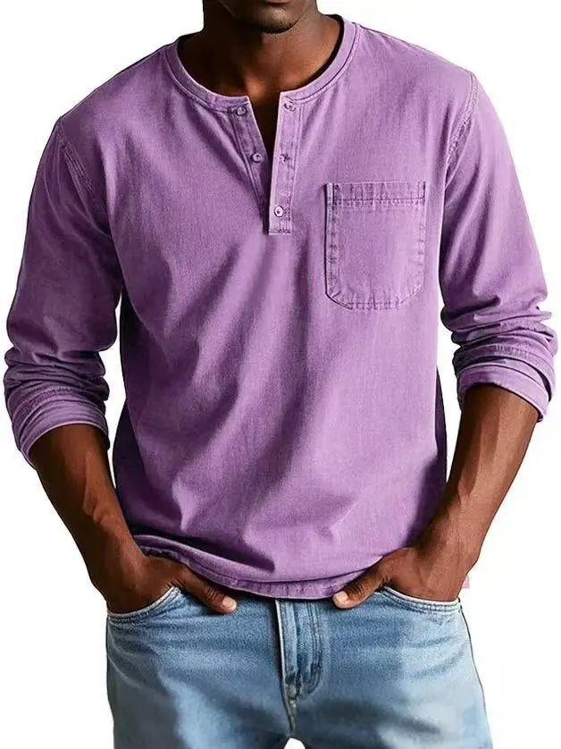Kacob | Men's Vintage Washed Henley Shirt – Long Sleeve Button Placket Shirt