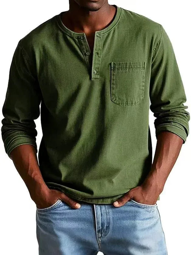 Kacob | Men's Vintage Washed Henley Shirt – Long Sleeve Button Placket Shirt