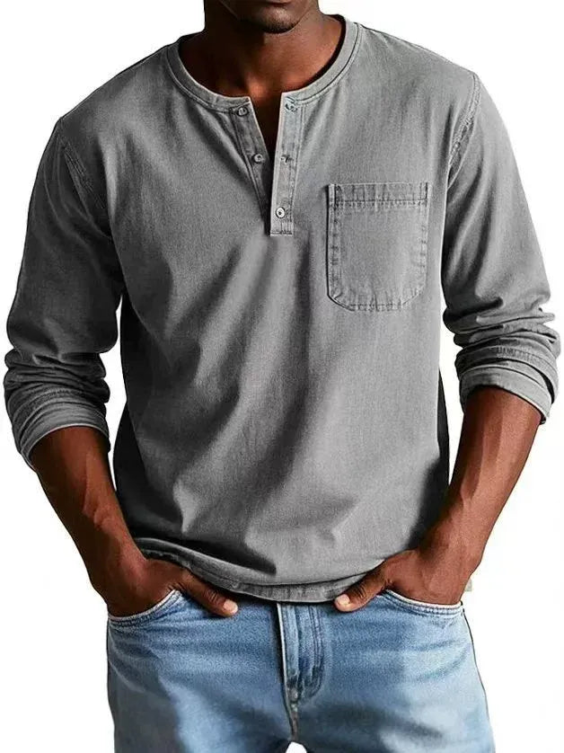 Kacob | Men's Vintage Washed Henley Shirt – Long Sleeve Button Placket Shirt