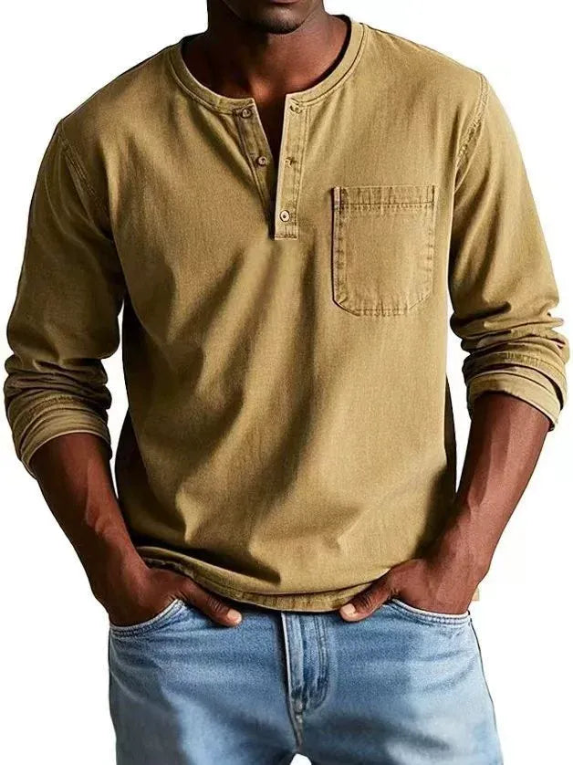 Kacob | Men's Vintage Washed Henley Shirt – Long Sleeve Button Placket Shirt