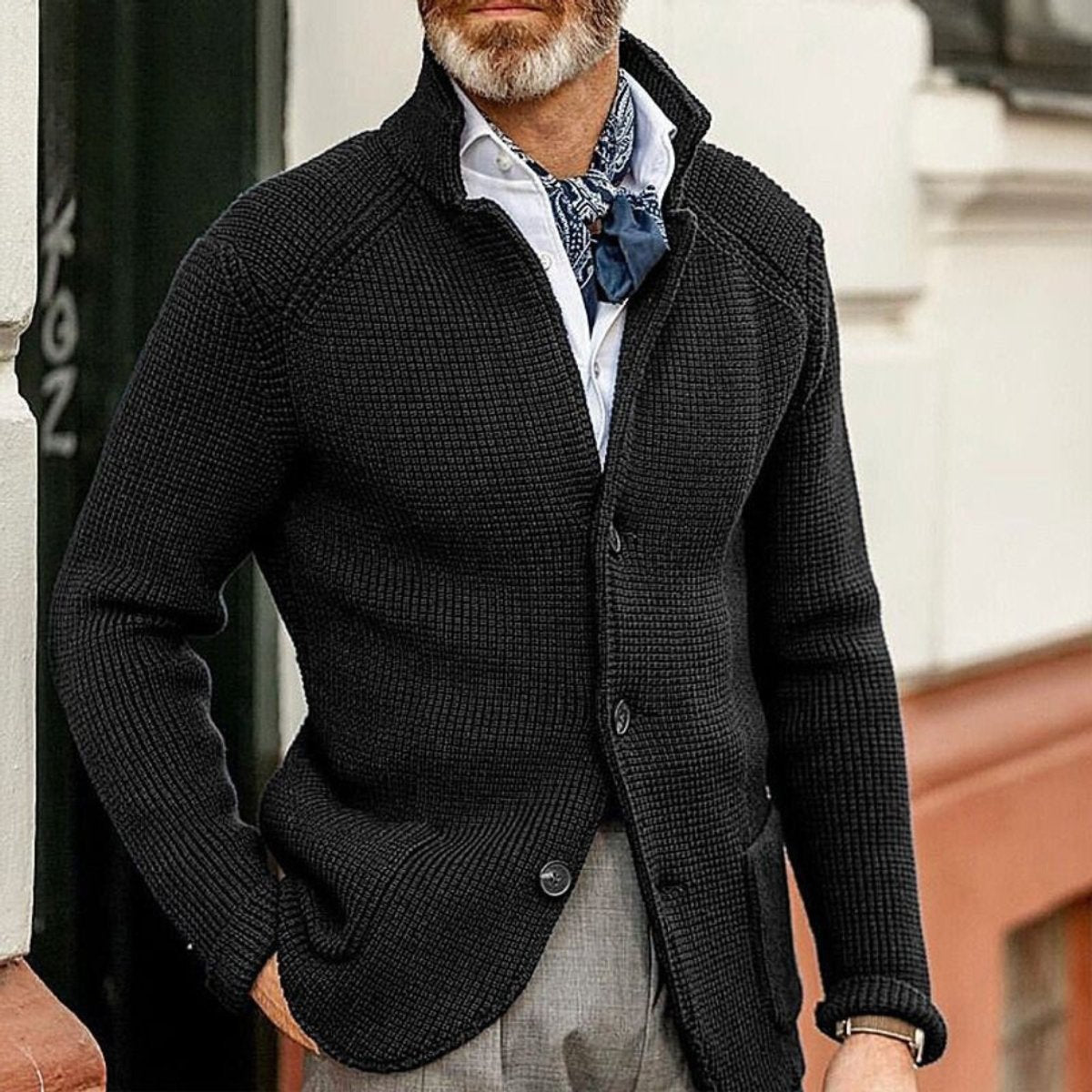 Kacob | Men's Waffle Knit Stand Collar Cardigan – Button Up Mens Cardigan with Pockets