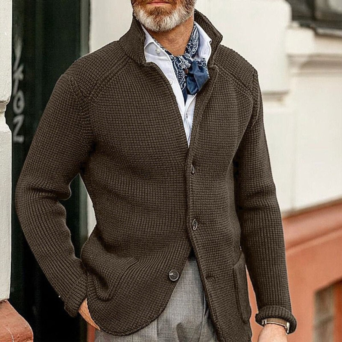 Kacob | Men's Waffle Knit Stand Collar Cardigan – Button Up Mens Cardigan with Pockets