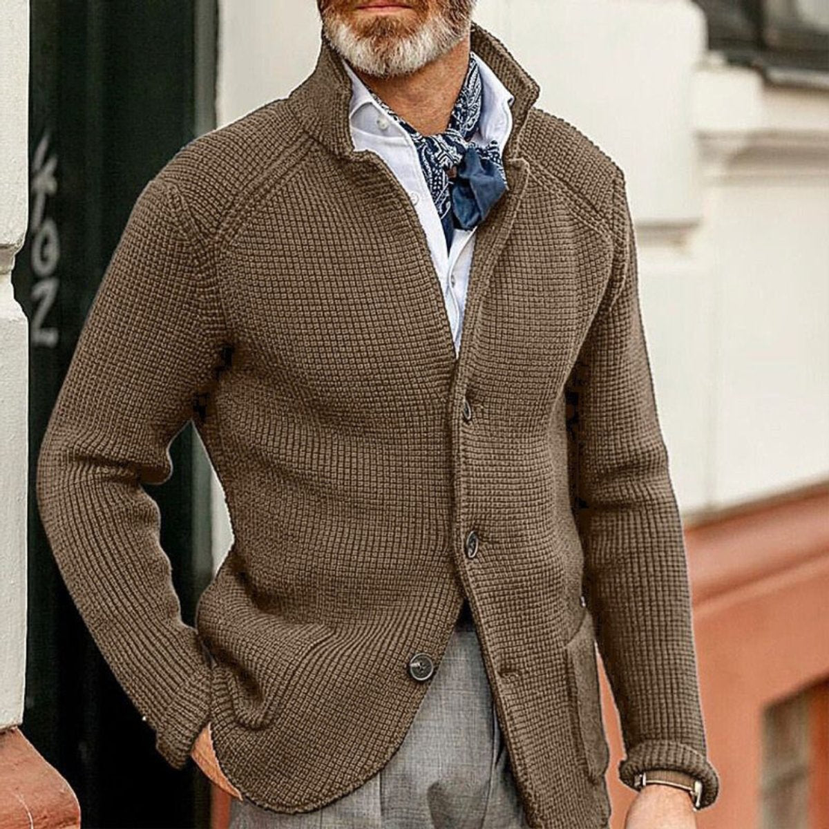 Kacob | Men's Waffle Knit Stand Collar Cardigan – Button Up Mens Cardigan with Pockets