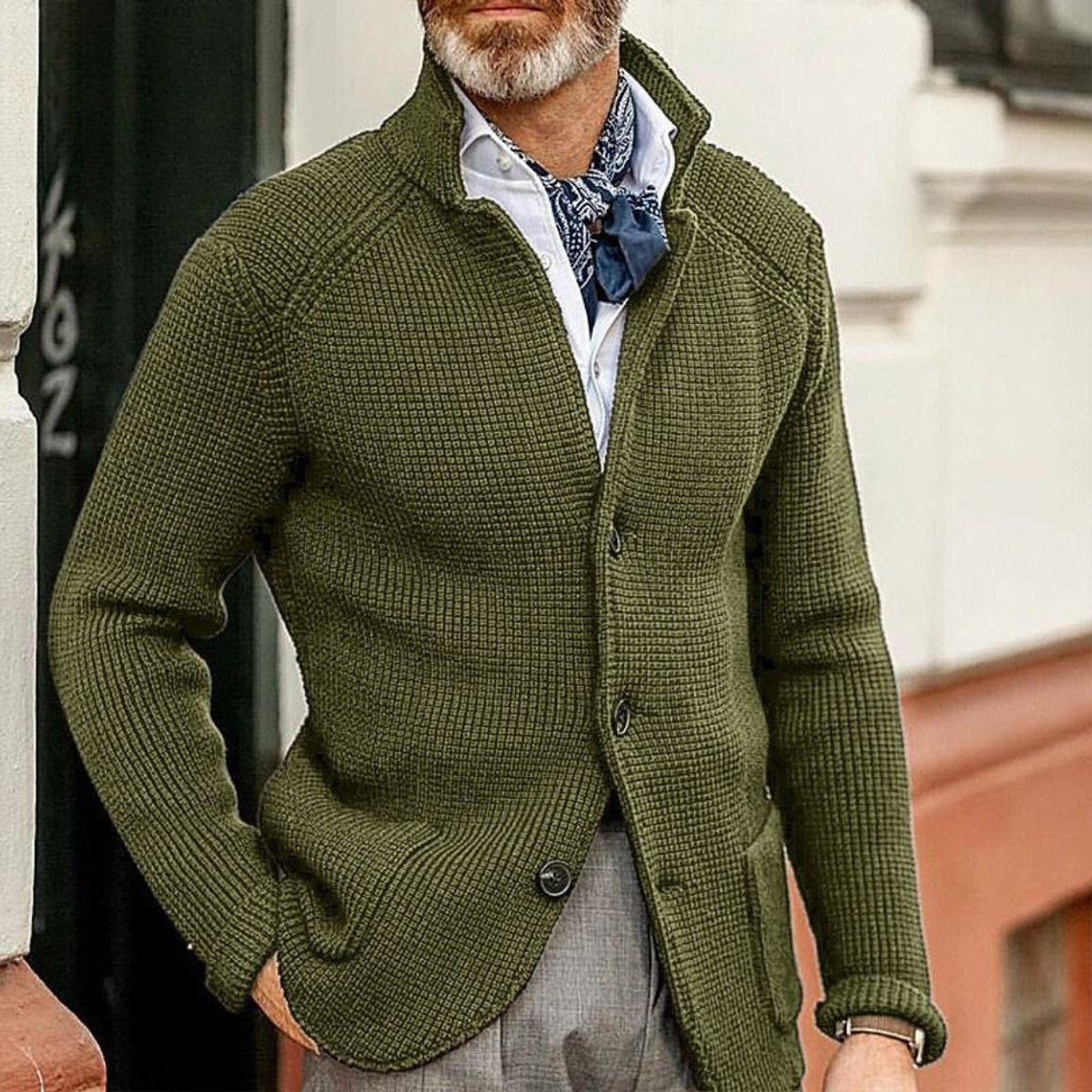 Kacob | Men's Waffle Knit Stand Collar Cardigan – Button Up Mens Cardigan with Pockets