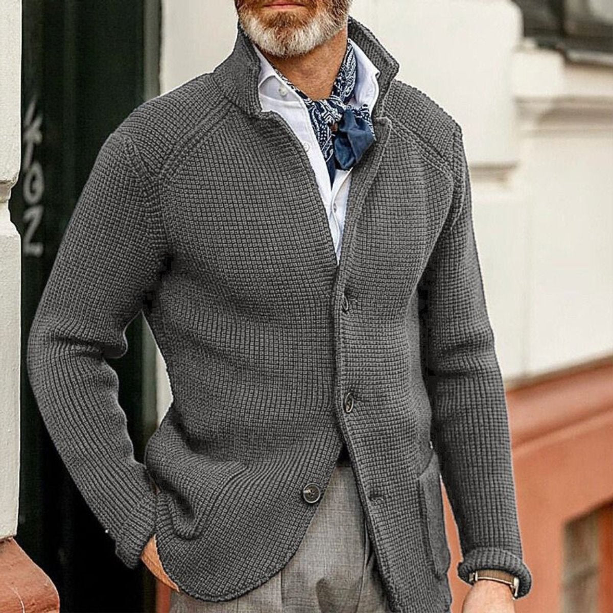 Kacob | Men's Waffle Knit Stand Collar Cardigan – Button Up Mens Cardigan with Pockets
