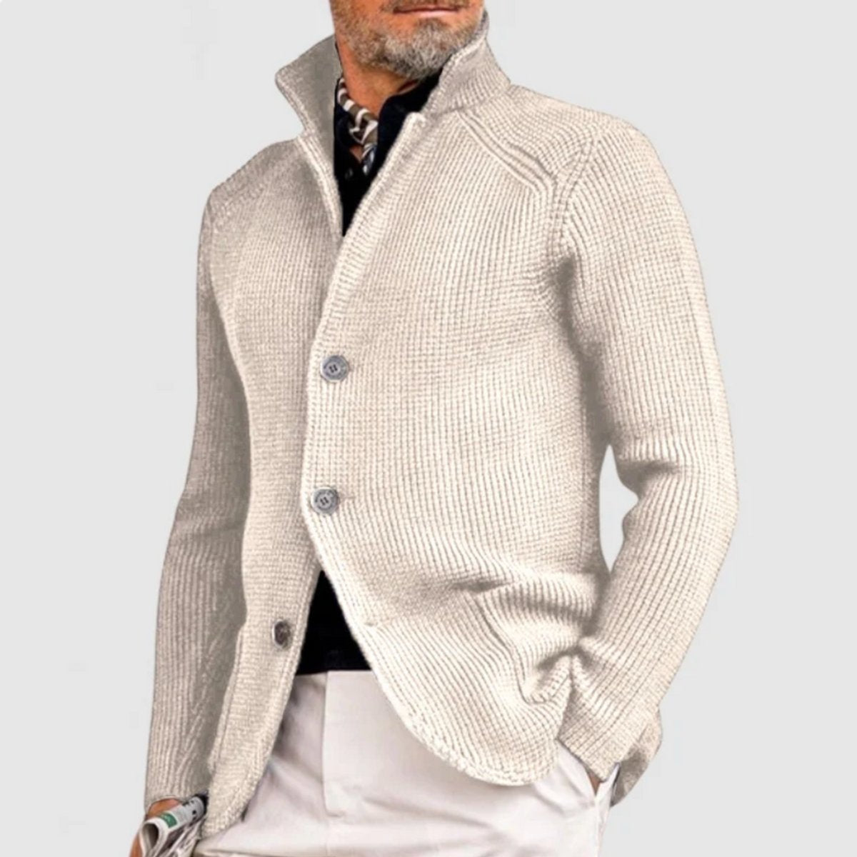 Kacob | Men's Waffle Knit Stand Collar Cardigan – Button Up Mens Cardigan with Pockets