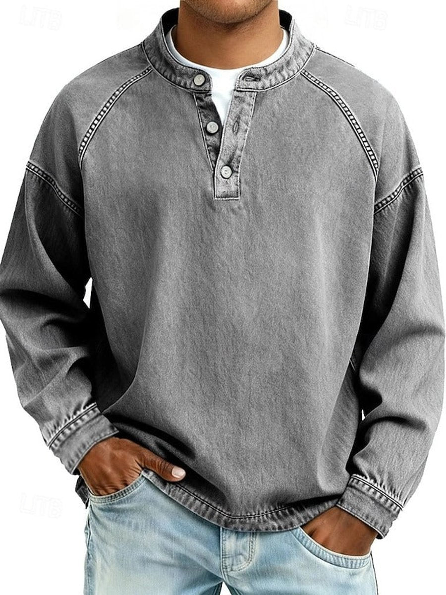 Kacob | Men's Washed Henley Knitted Jumper – Button Neck Long Sleeve Knit