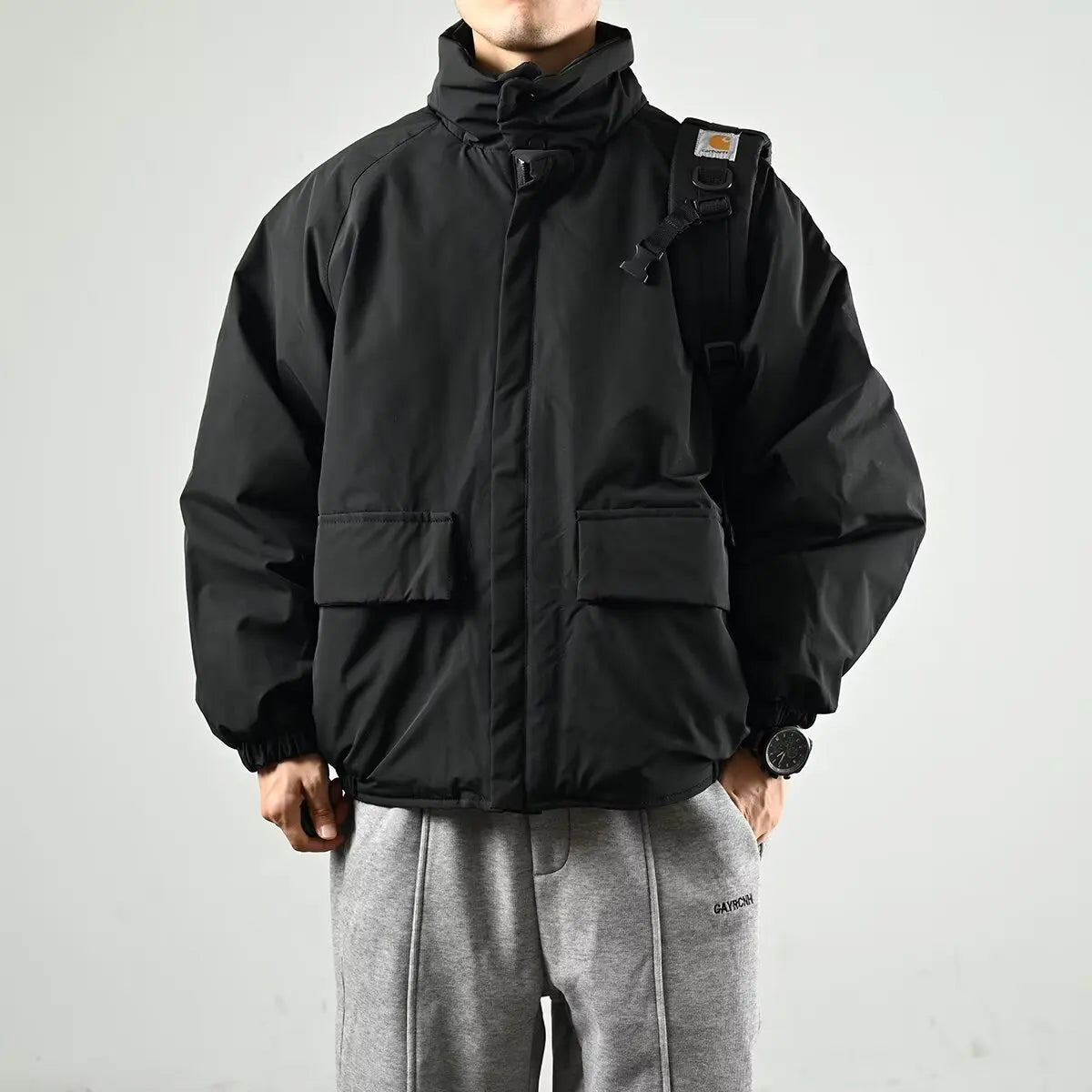 Men's Wool-Blend Stand Collar Jacket – Minimal Zip-Up Padded Jacket