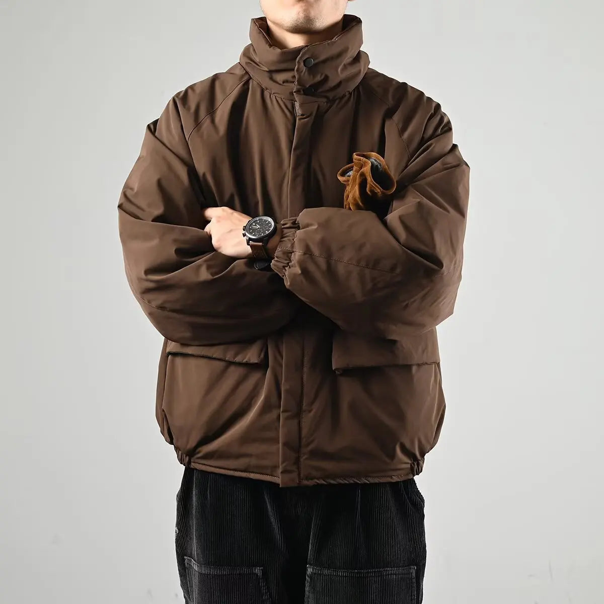 Men's Wool-Blend Stand Collar Jacket – Minimal Zip-Up Padded Jacket
