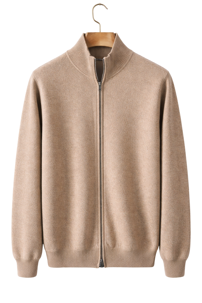Men's Wool-Blend Zip-Up Knitted Jacket – Stand Collar Full Zip Cardigan