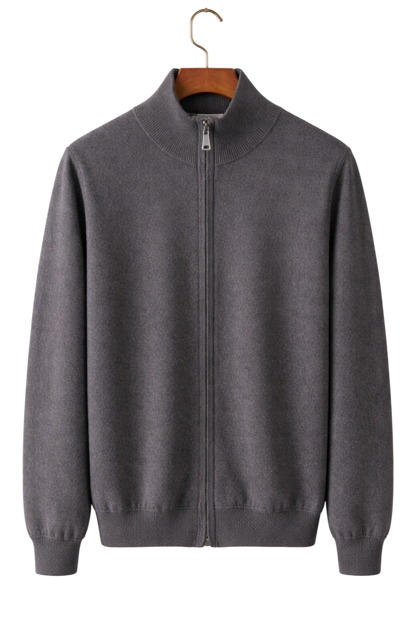 Men's Wool-Blend Zip-Up Knitted Jacket – Stand Collar Full Zip Cardigan