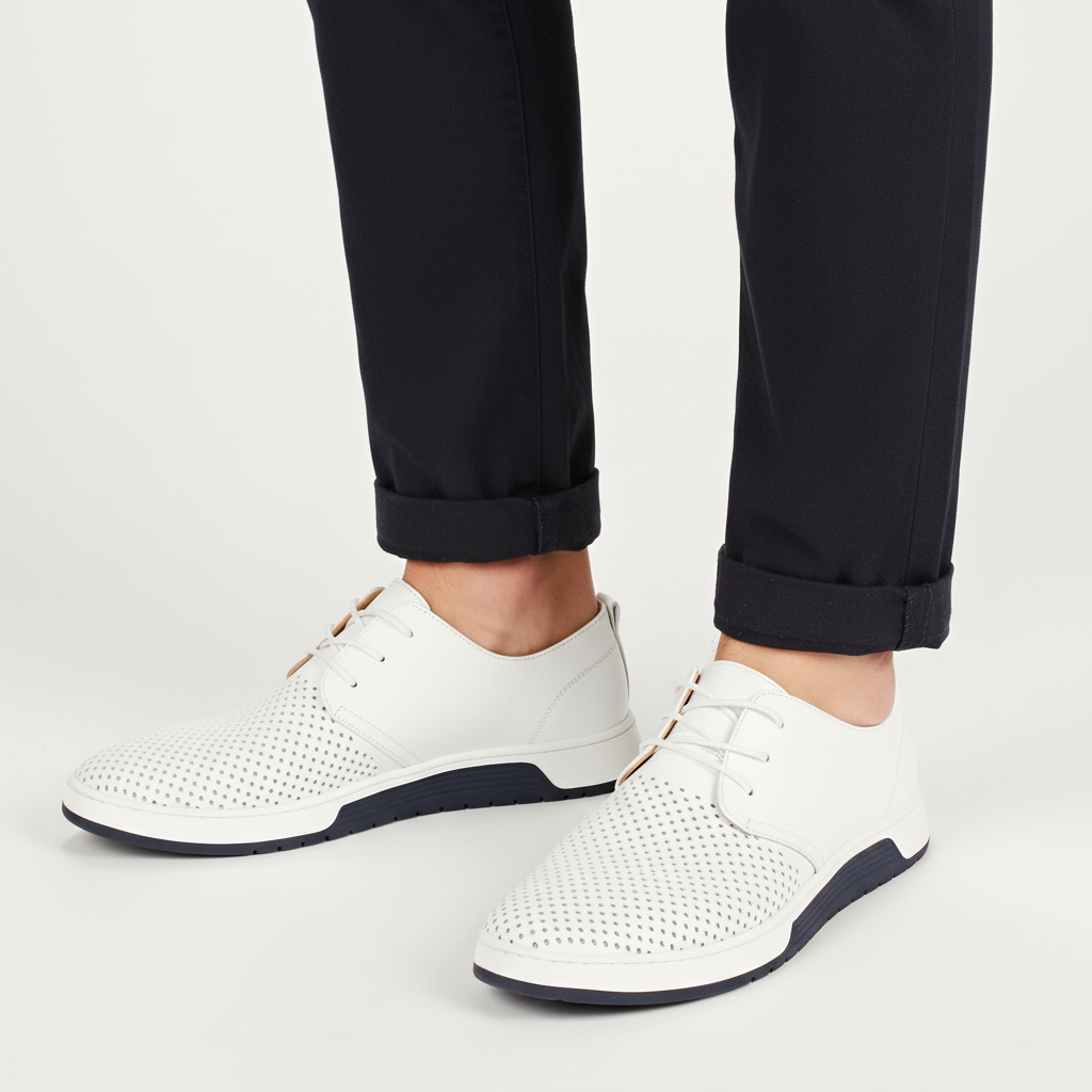 Men's perforated lace up derby shoes in white, worn with tailored trousers