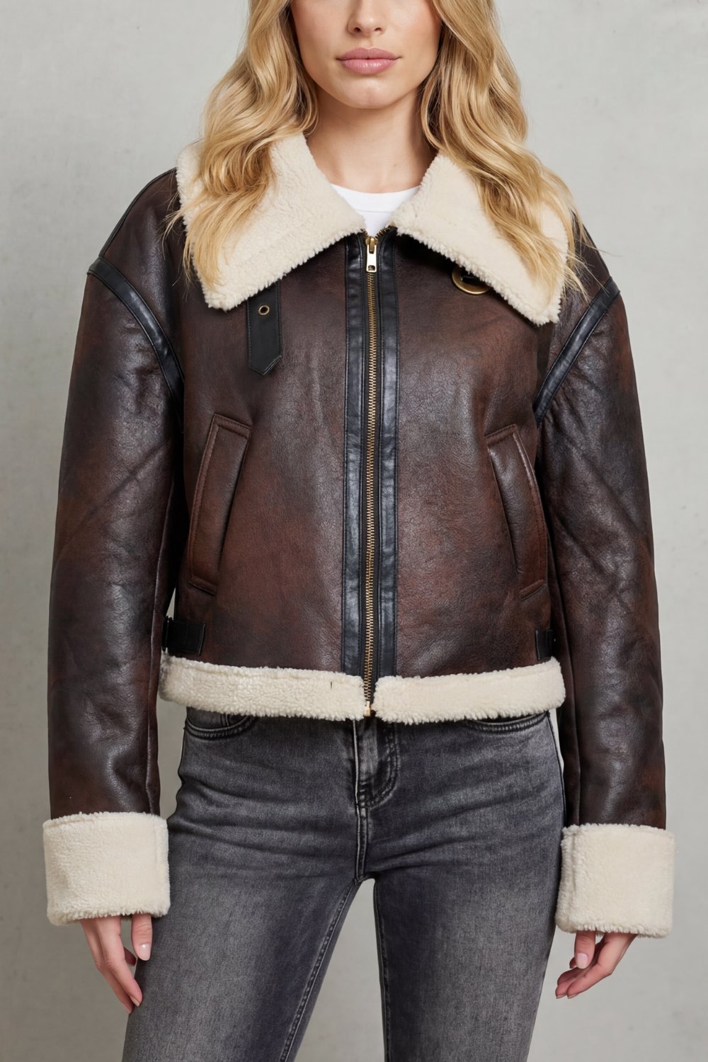 Kacob | Shearling Trim Cropped Aviator Jacket