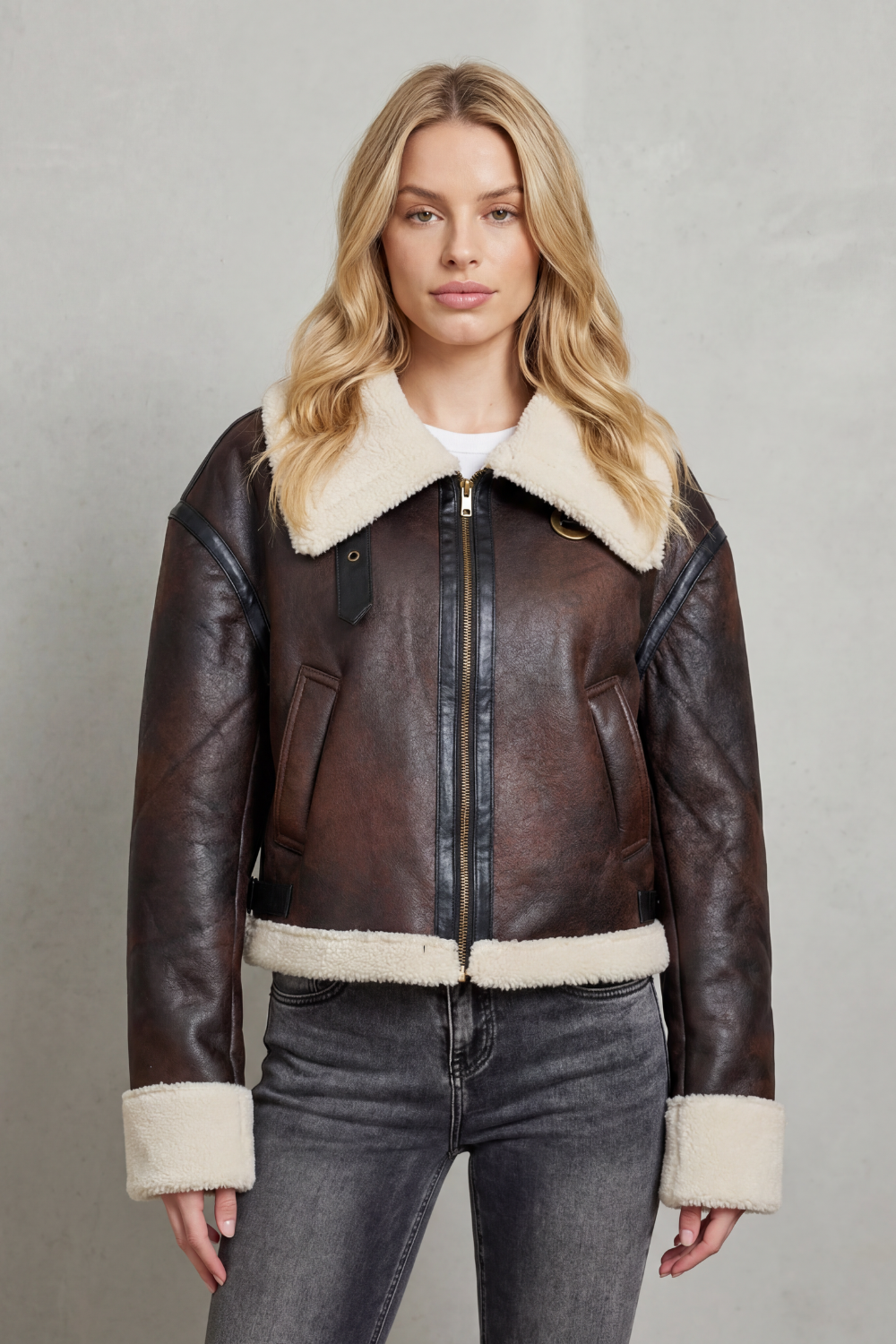 Kacob | Shearling Trim Cropped Aviator Jacket
