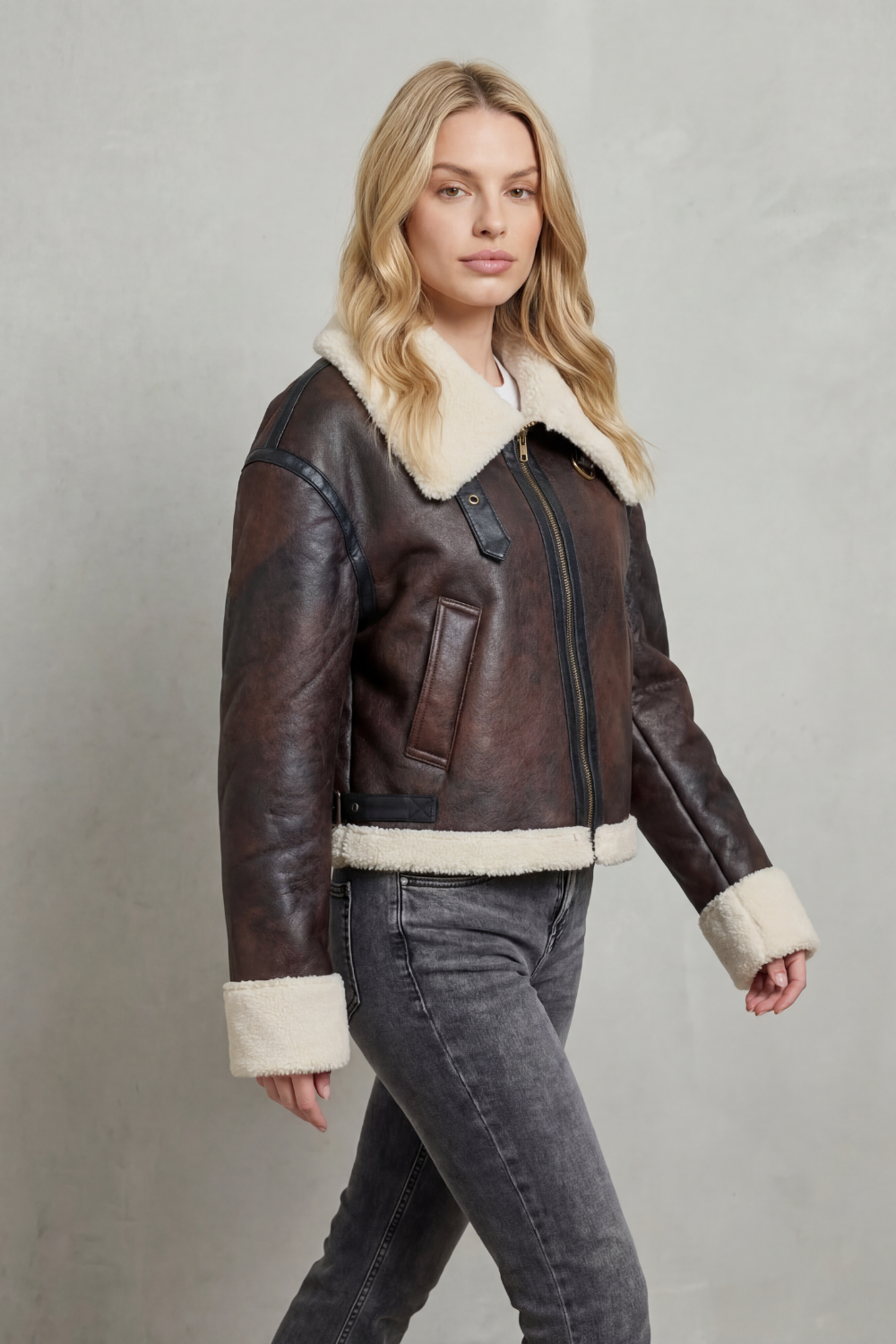 Kacob | Shearling Trim Cropped Aviator Jacket