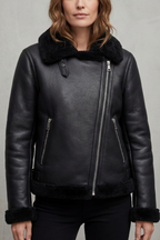 Kacob | Shearling Trim Faux Leather Biker Jacket