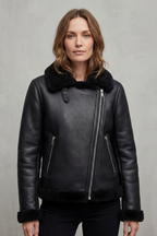 Kacob | Shearling Trim Faux Leather Biker Jacket