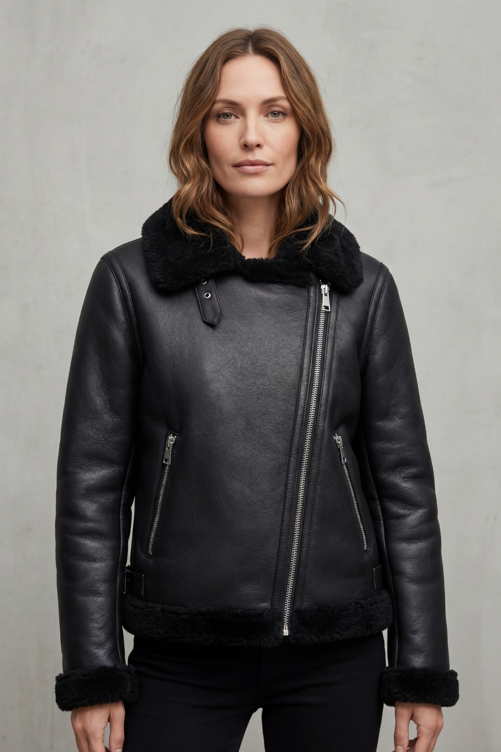 Kacob | Shearling Trim Faux Leather Biker Jacket