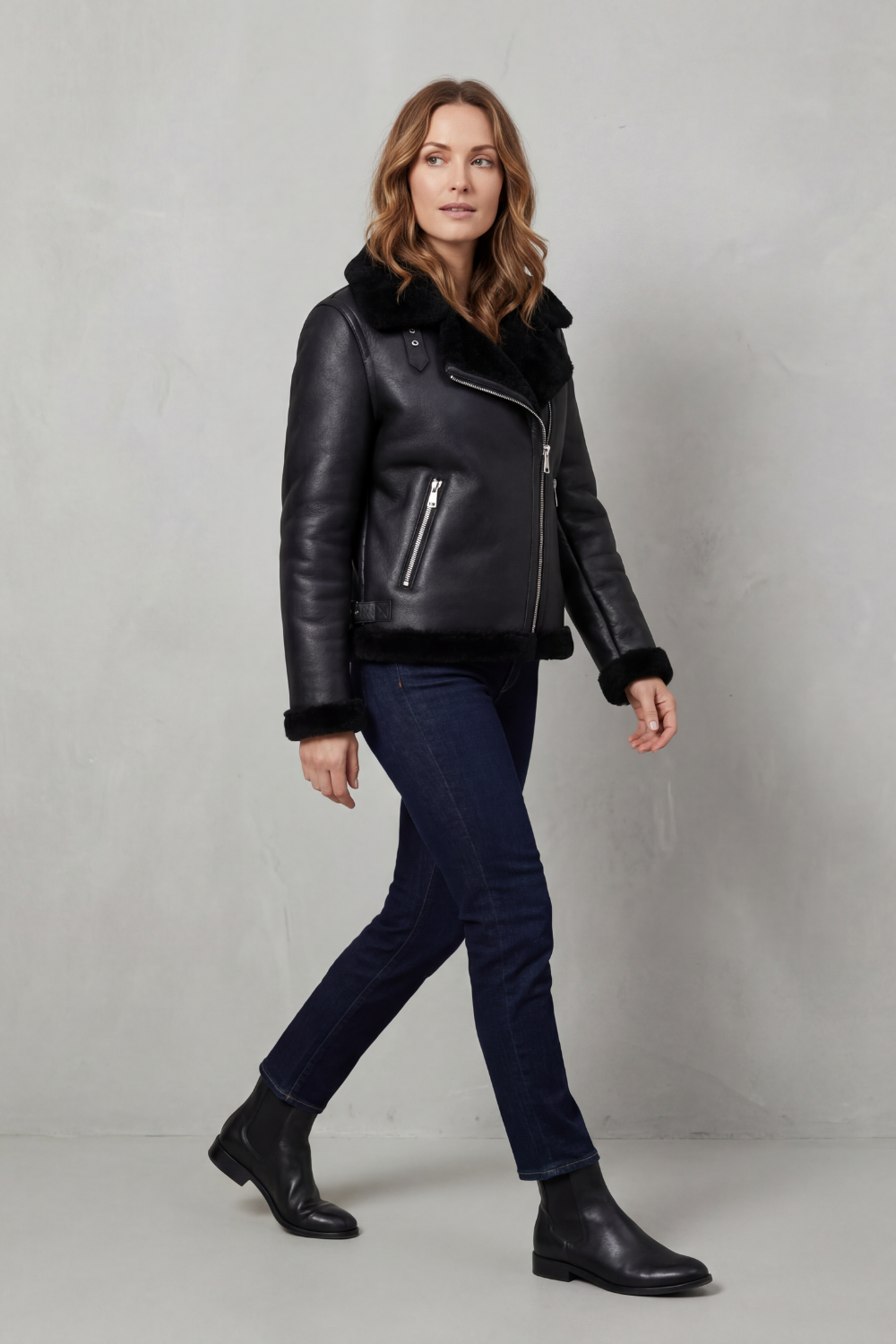 Kacob | Shearling Trim Faux Leather Biker Jacket